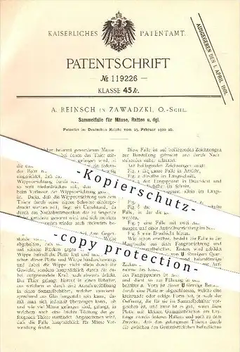 original Patent - A. Reinsch in Zawadzki , Oberschlesien , 1900 , Sammelfalle für Mäuse , Ratten , Mäusefalle !!!