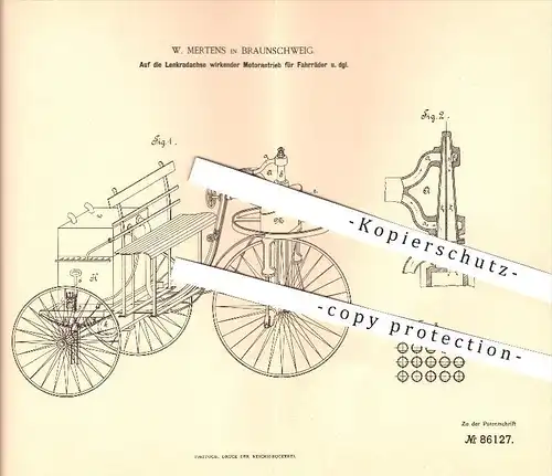 original Patent - W. Mertens in Braunschweig , 1895 , Motorantrieb für Fahrräder , Fahrrad , Motor , Fahrzeugbau !!!