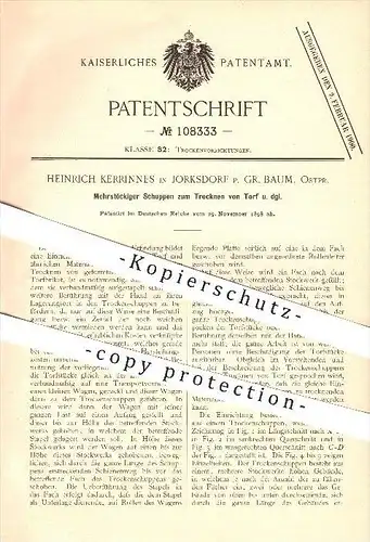 original Patent - H. Kerrinnes in Jorksdorf p. Groß Baum / Sosnowka , 1898 , Schuppen zum Trocknen von Torf , Russland !