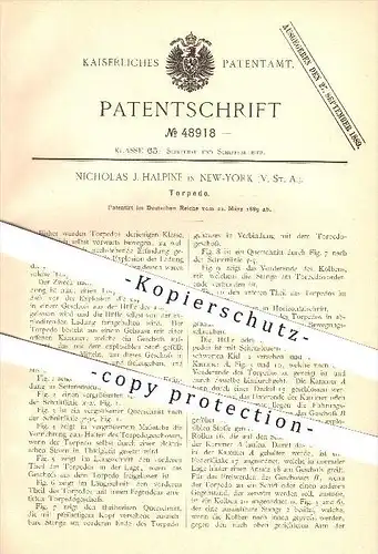original Patent - Nicholas J. Halpine in New York , USA , 1889 , Torpedo , Torpedos , Schiffbau , Schiffe , Schiff !!!