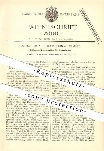 original Patent - Anton Pacas in Hatschein bei Olmütz /  Olomouc , 1885 , Mischmaschine für Zucker  , Zuckerfabrik !!!