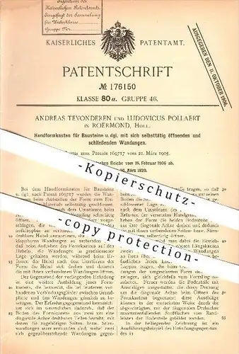 original Patent - Andreas Tevonderen & Ludovicus Pollaert in Roermond , Handformkasten für Bausteine , Formen , Formerei
