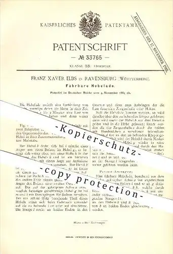 original Patent - Franz Xaver Elbs in Ravensburg , 1884 , Fahrbare Hebelade , Hebezeug , Hebel , Heben !!