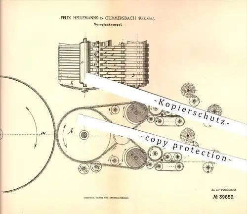 original Patent - Felix Hellemanns in Gummerbach , 1886 , Vorspinnkrempel , Spinnen , Spinnerei , Krempel !!