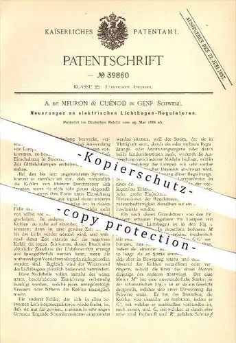 original Patent - A. de Meuron & Cuénod in Genf , 1886 , elektrischer Lichtbogen - Regulator , Lampe , Lampen , Licht !!