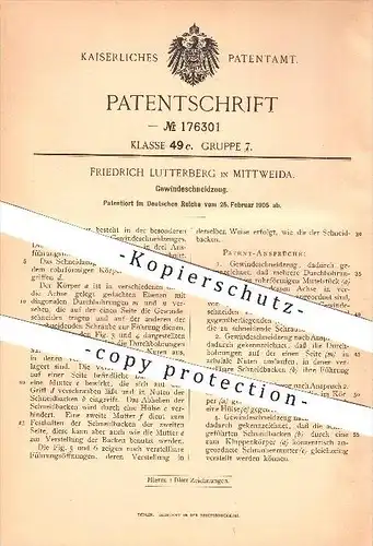 original Patent - Friedrich Lutterberg in Mittweida , 1905 , Gewindeschneidzeug , Gewinde , Schneidzeug !!!