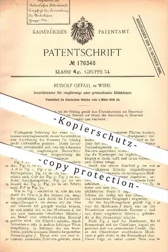 original Patent - Rudolf Gefäll in Wien , Invertbrenner , Brenner , Glühkörper , Glühlampe , Lampe , Licht !!!