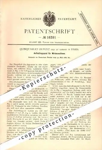 Original Patent - Quinquarlet-Dupont fils et Gendre in Paris , 1881 , Dispositif pour machine à tricoter !!!