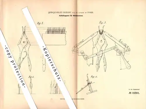 Original Patent - Quinquarlet-Dupont fils et Gendre in Paris , 1881 , Dispositif pour machine à tricoter !!!