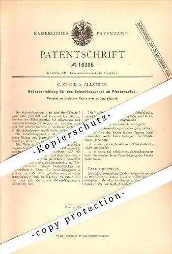 Original Patent - C. Stahr in Allstedt , 1881 , Hebevorrichtung an Schneideapparaten , Landwirtschaft !!!