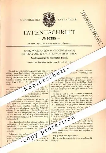 Original Patent - C. Waschatko in Opocno und Clayton & Shuttleworth in Wien , 1881 ,Apparat für Dünger !!!