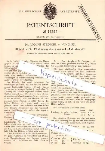 Original Patent - Dr. Adolph Steinheil in München , 1881 , Objektiv für Photographie !!!
