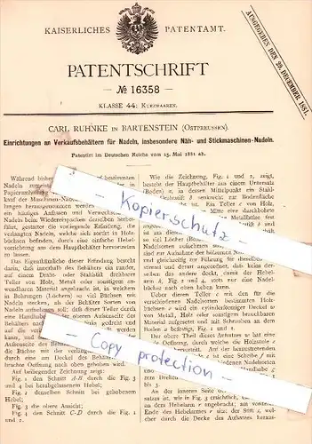 Original Patent - Carl Ruhnke in Bartenstein , Ostpreussen , 1881 , Kurzwaaren !!!