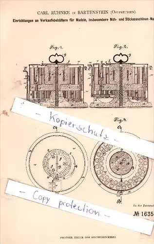 Original Patent - Carl Ruhnke in Bartenstein , Ostpreussen , 1881 , Kurzwaaren !!!