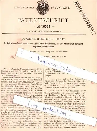 Original Patent - Quaadt & Hirschson in Berlin , 1880 , Beleucchtungsgegenstände !!!