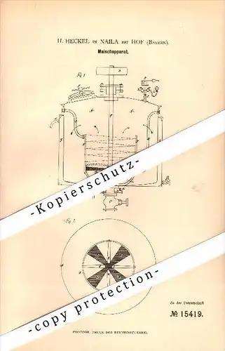 Original Patent - H. Heckel in Naila b. Hof , 1880 , Maischapparat , Brauerei , Bier , Alkohol !!!