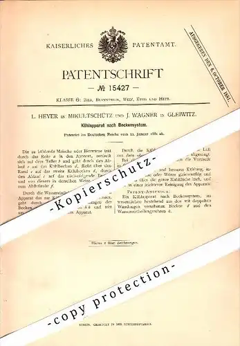 Original Patent - L. Heyer in Mikultschütz / Zabrze und J. Wagner in Gleiwitz , 1881 , Kühlapparat für Brauerei , Bier