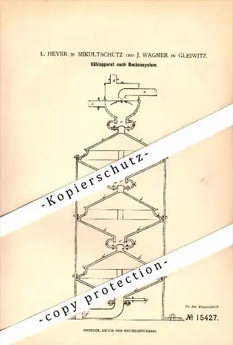 Original Patent - L. Heyer in Mikultschütz / Zabrze und J. Wagner in Gleiwitz , 1881 , Kühlapparat für Brauerei , Bier