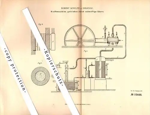 Original Patent - Robert Schultz in Dirschau / Tczew , 1881 , Kraftmaschine mit Schwefelsäure !!!