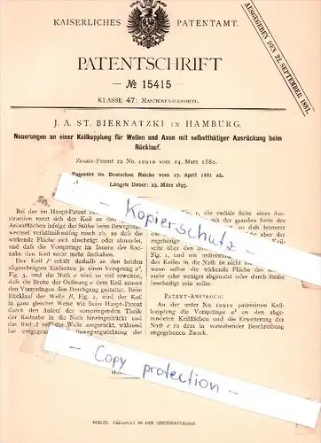 Original Patent - J. A. St. Biernatzki in Hamburg , 1881 , Keilkupplung für Wellen und Axen !!!