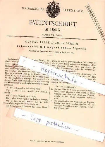 Original Patent - Gustav Liepe & Co. in Berlin , 1881 , Schachspiel mit Figuren , Schach !!!