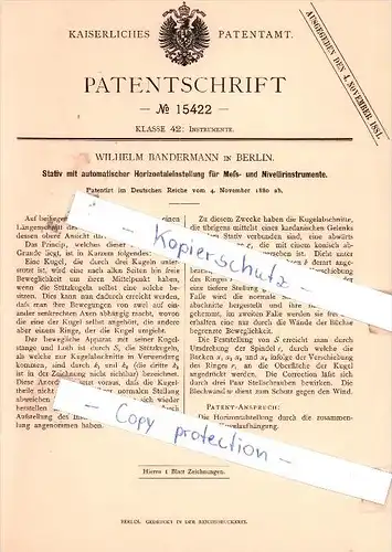 Original Patent - Wilhelm Bandermann in Berlin , 1880 , Stativ mit Horizontaleinstellung !!!