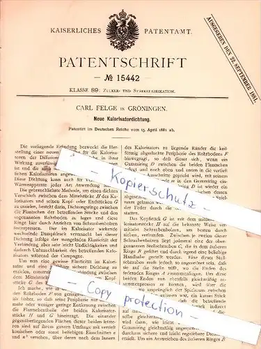 Original Patent - Carl Felge in Gröningen , 1881 , Neue Kalorisatordichtung !!!