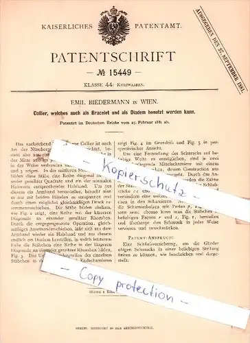 Original Patent - Emil Biedermann in Wien , 1881 , Collier , Diadem , Juwelier , Schmuck !!!