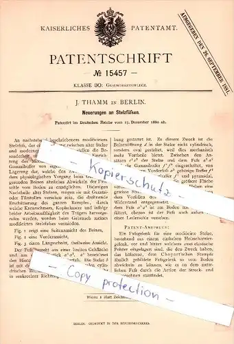 Original Patent - J. Thamm in Berlin , 1880 , Neuerungen an Stelzfüßen !!!