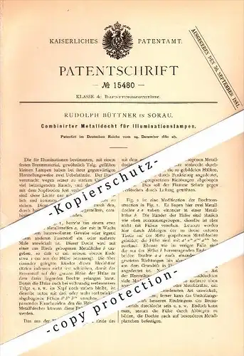 Original Patent -  Rudolph Büttner in Sorau , 1880 , Metalldocht für Illuminationslampen !!!