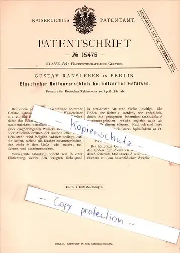 Original Patent - Gustav Ransleben in Berlin , 1881 , Reifenverschluß bei hölzernen Gefäßen !!!