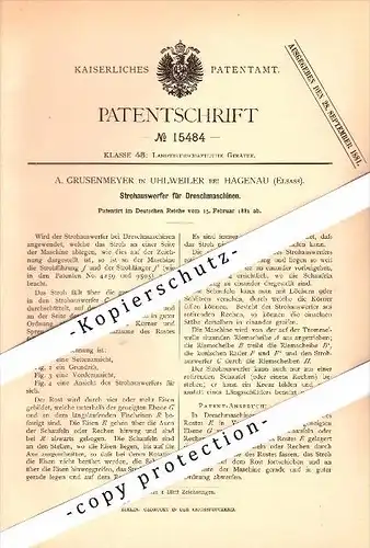 Original Patent - A. Grusenmeyer à Uhlweiler / Uhlwiller b. Hagenau / Haguenau i.E., 1881 , Dispositif pour le battage