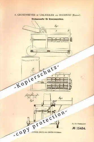 Original Patent - A. Grusenmeyer à Uhlweiler / Uhlwiller b. Hagenau / Haguenau i.E., 1881 , Dispositif pour le battage