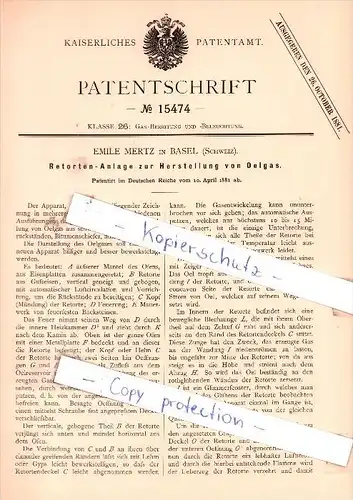 Original Patent - Emile Mertz in Basel , Schweiz , 1881 , Herstellung von Oelgas !!!