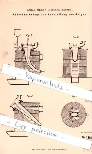 Original Patent - Emile Mertz in Basel , Schweiz , 1881 , Herstellung von Oelgas !!!