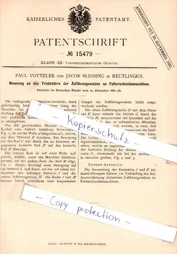 Original Patent -  P. Votteler und J. Blessing in Reutlingen , 1880 , Futterschneidemaschinen !!!