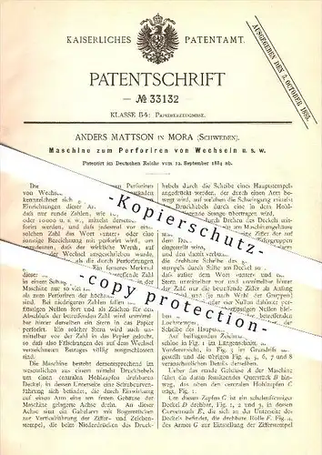 original Patent - Anders Mattson in Mora , Schweden , 1884 , Perforieren von Wechseln , Perforation , Papier , Druckerei