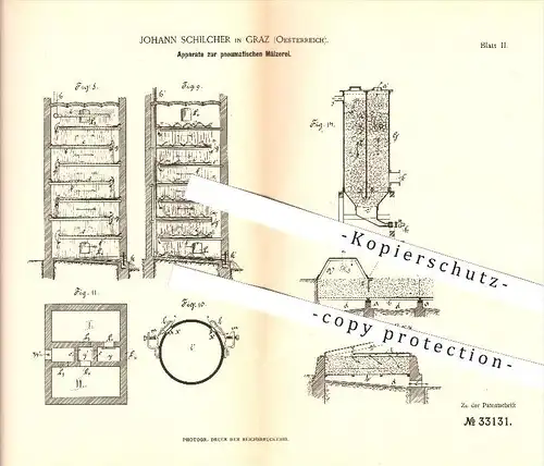 original Patent - Johann Schilcher in Graz , Österreich , 1884 , pneumatische Mälzerei , Malz , Bier , Brauerei !!!