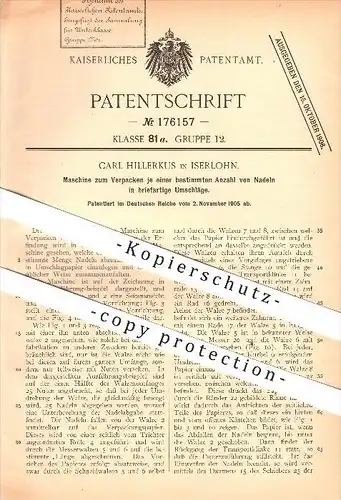 original Patent - Carl Hillerkus in Iserlohn , 1905 , Verpacken von Nadeln , Nadel , Handarbeit , Verpackung !!!