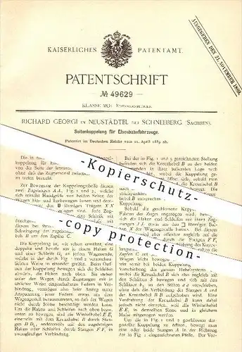 original Patent - Richard Georgi in Neustädtel bei Schneeberg , 1889 , Kupplung für Eisenbahnen , Eisenbahn , Lokomotive