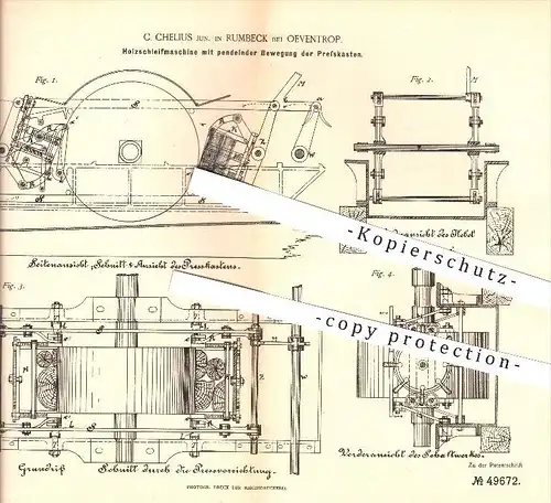 original Patent - C. Chelius in Rumbeck bei Oeventrop / Arnsberg , 1889, Holz - Schleifmaschine , Papier , Papierfabrik