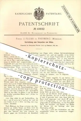 original Patent - J. Fluss in Freiberg / Pribor , Mähren , 1889 , Verpacken von Hüten , Hut , Hüte !!!