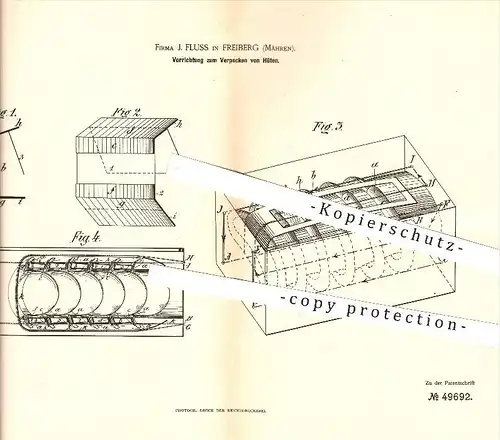 original Patent - J. Fluss in Freiberg / Pribor , Mähren , 1889 , Verpacken von Hüten , Hut , Hüte !!!