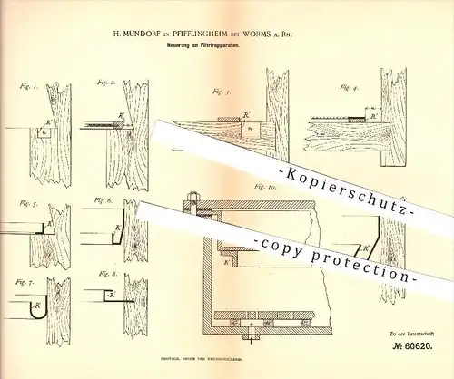 original Patent - H. Mundorf in Pfifflingheim bei Worms a. Rhein , 1891 , Filtrierapparat , Filtration , Brauerei , Bier