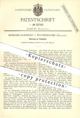 original Patent - Bernhard Klapprodt in Waltershausen , 1885 , Falzziegel , Dachziegel , Ziegel , Dach , Dachdecker !!!