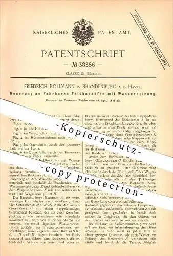 original Patent - F. Bollmann in Brandenburg a. d. Havel , 1886 , Feldbacköfen mit Wasserheizung , Backofen , Bäcker !!!