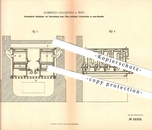 original Patent - Domenico Coglievina in Wien , 1886 , Ofen , Gasofen , Gas , Heizung , Kamin , Ofenbau , Ofenbauer !!!
