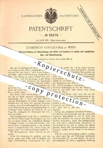 original Patent - Domenico Coglievina in Wien , 1886 , Ofen , Kamin , Gas , Koks , Heizung , Heizen , Feuerung , Ofenbau