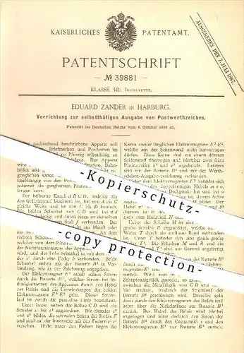 original Patent - Eduard Zander in Harburg , 1886 , Ausgabe von Postwertzeichen , Briefmarken , Briefmarke , Post !!!