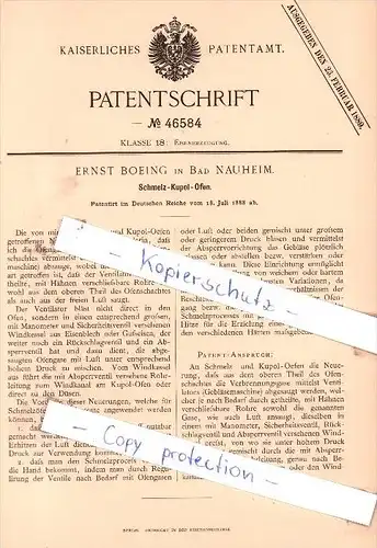 Original Patent - Ernst Boeing in Bad Nauheim , 1888 , Schmelz-Kupol-Ofen !!!
